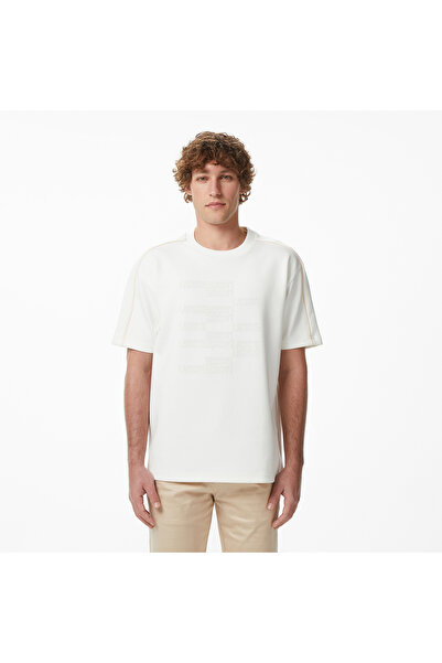 Lacoste Erkek Relaxed Fit Bisiklet Yaka Baskılı Krem T-Shirt