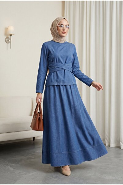 Modamorfo Round Neck Tencel Suit with Crossed Waist and Lace-Up Skirt -Indigo
