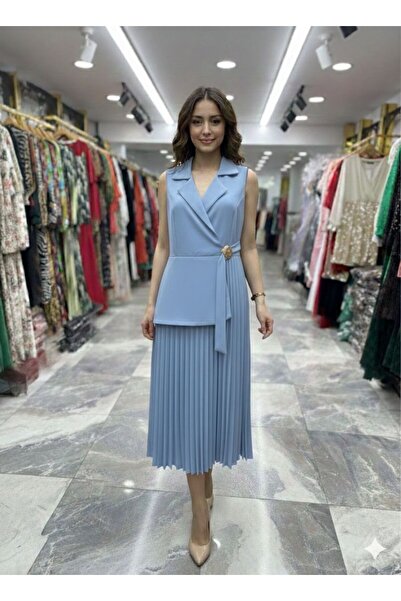 CİXAPLE Sleeveless Collared Pleated Dress