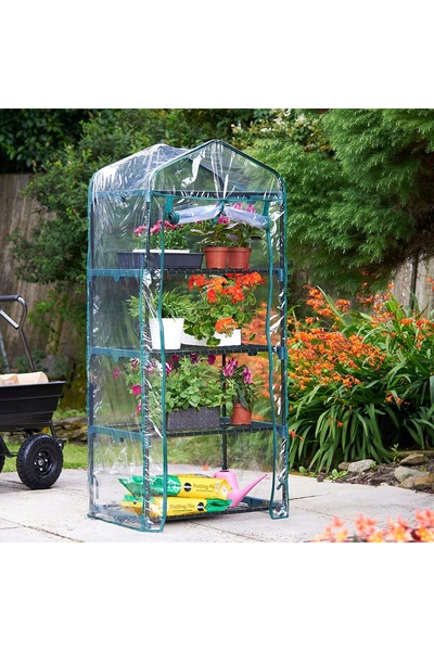 zola Mini garden greenhouse steel 4 shelves 44x60 cm foil with zipper 68x50x1...