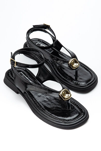RİSSOLİ Women's Black Wrinkled Patent Leather Ankle Strap Flip-Flop Sandals w...
