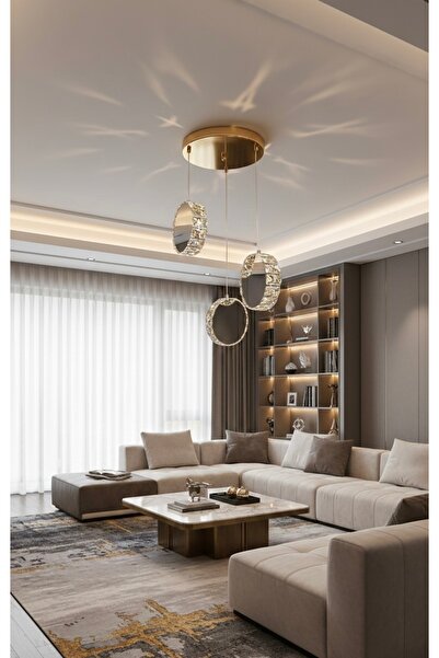 MİRAN HOME Modern Yuvarlak Aynalı 20Cm 3lü Gold Avize/Gold Sarkıt 3lü Avize