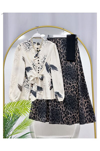 YEDİLALE Leopard Print Satin Blouse and Flawed Skirt Two-Piece Set [Excluding...