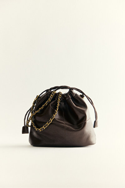 LUTVELIZADE Bag 2619 - Gold Chain Detail Bustle Dark Brown Women's Bag