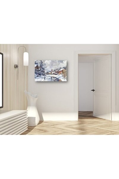 PIM Pictură pe pânză de iarnă, sat de munte și schior pe drum înzăpezit