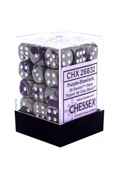 Chessex Zaruri Gemini 12mm d6 cu puncte (36 de zaruri) - Mov-Oțel cu alb