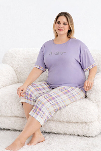 TNSELLE LINGERIE Büyük Beden Milan Kumaş Kısa Kollu Kapri Pijama Takımı