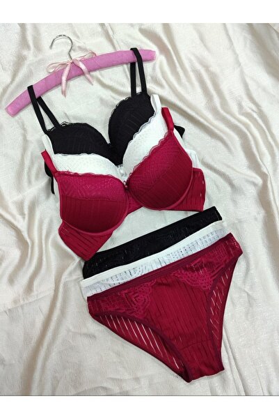 Love Angels Striped Lace Detailed Push-Up Padded Underwear Set-Bra Panty Set