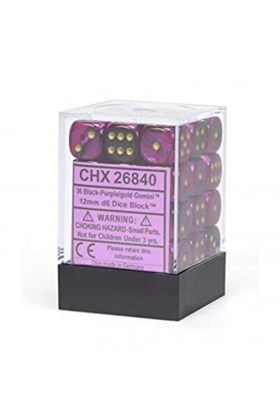 Chessex Zaruri Gemini 12mm d6 cu puncte (36 de zaruri) - Negru-Mov cu auriu