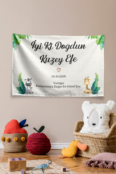 Vagonik Kişiye Özel Safari Temalı Doğum Günü Happy Birthday Duvar Örtüsü Duva...