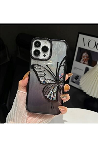 EPRO iPhone 14 Pro Max Uyumlu 3 Boyutlu Kelebek Desenli Sulu Simli Kamera Kor...