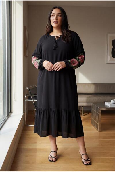 Ebsumu Women's Plus Size Long Sleeve Black Dress with Embroidered Sleeves