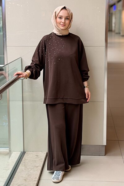 Nuss Omuzu Serpme Taşlı Tunik Pantolon Takım