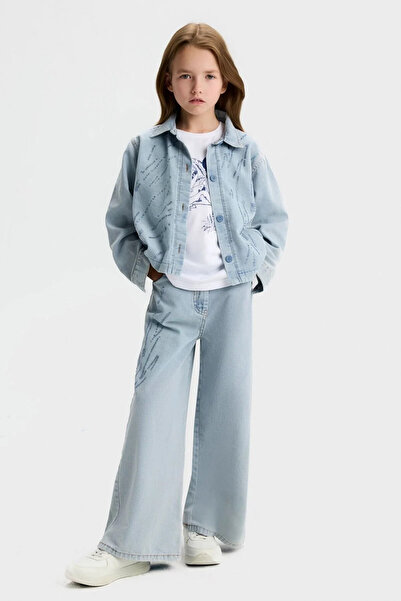 nk kids Stone Detailed Denim Jacket Wide Leg Denim Trousers 3-Piece Girls' Set