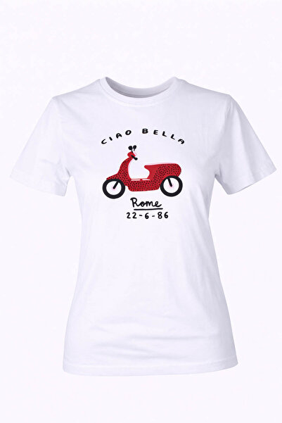 trender 26Ydt1000012 White Women's T-Shirt Cıao Bella O Neck