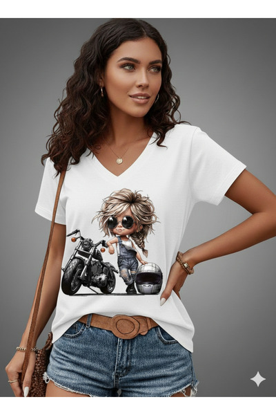 JENOLAN Tricou de damă cu decolteu în V, cu imprimeu Biker Girl, alb/negru, l...