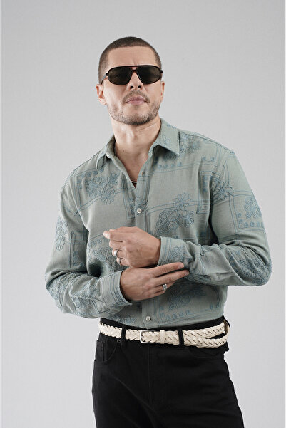 Butik Trend Biz Regular Fit Lattice Fabric Embroidered 100% Cotton Men's Shirt