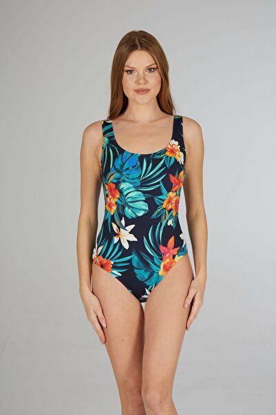 Estiva Γυναικείο ολόσωμο μαγιό με τροπικό σχέδιο, τιρκουάζ, με λαιμόκοψη U κα...