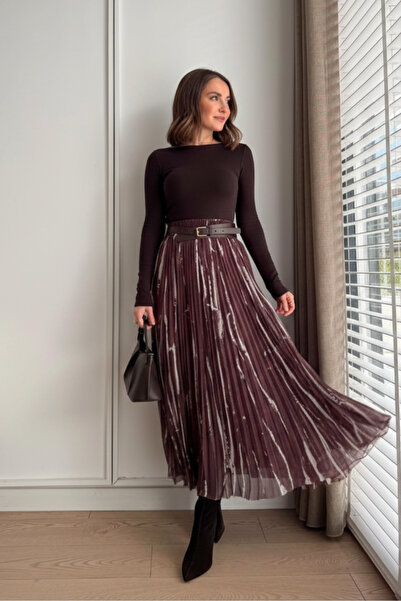 SHILSEE BEUTİQUE Women's Piecewise Belted Asymmetric Cut Chiffon Skirt with E...