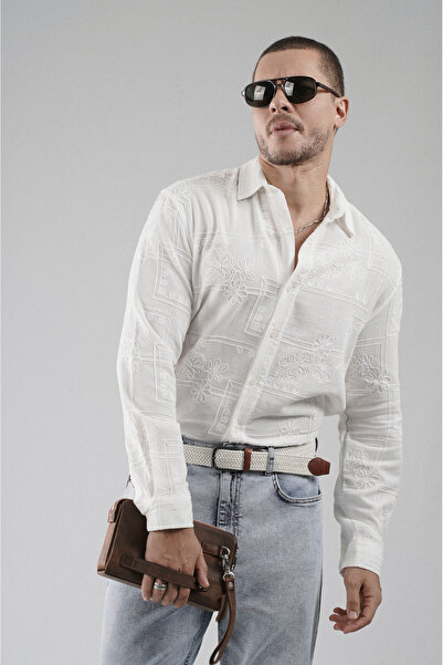 Butik Trend Biz Regular Fit Lattice Fabric Embroidered 100% Cotton Men's Shirt