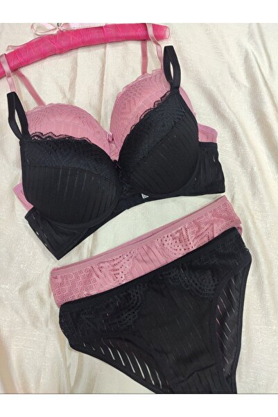 Love Angels Striped Lace Detailed Push-Up Padded Underwear Set-Bra Panty Set