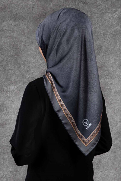VİOLLA Twill Kare Desenli Gri Renkli 90x90 Eşarp (İpek İçermez) Kenar Dikiş Ş...