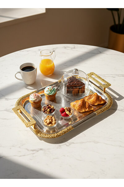 Living Metal Serving Tray (31 × 25 cm) with Modern Design and Gold & Silver D...