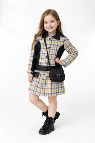 bubiee baby طقم تنورة وسترة جلد مفصلة للفتيات مع حقيبة هدايا، طقم من قماش منق...