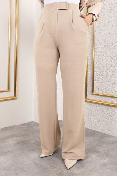 Tesettür Dünyası High Waist with Velcro Closure Palazzo Pants Tsd250204 Beige