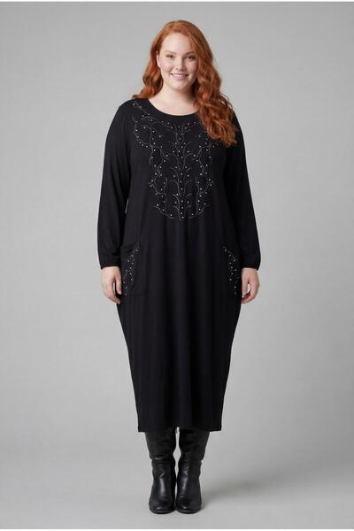 Ebsumu Women's Plus Size Extra Comfortable Fit Stoned Long Sleeve Black Dress