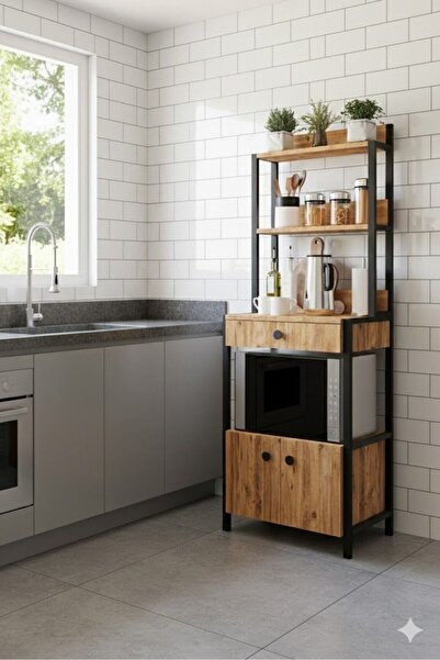 modüleva Kahve Köşesi / Mutfak Bangosu Çekmeceli Kapaklı Çok Amaçlı Dolap Çam