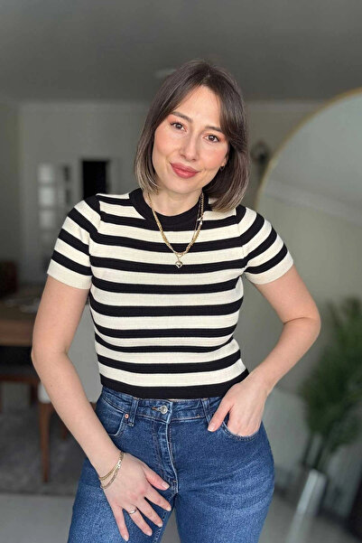 Kubos Moda Short Sleeve Striped Black Knitwear Sweater