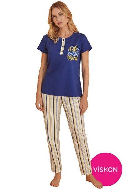 seamlife Women's Patterned Button Crew Neck Short Sleeve Pajama Set- Slim Fit...