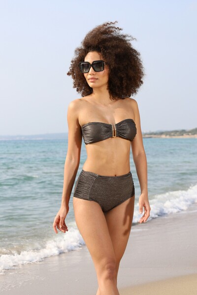 Estiva Women's Shiny Brown High Waist Britli Accessorized Strapless Bikini Set