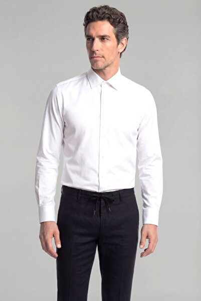 Bisse White Long Sleeve Classic Collar Knitted Pocketless Men's Shirt