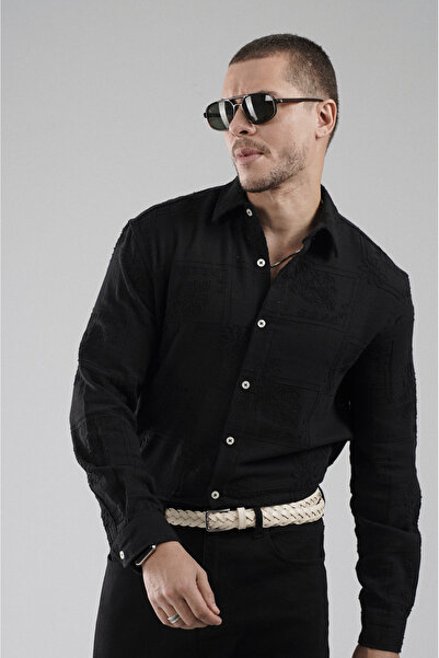 Butik Trend Biz Regular Fit Lattice Fabric Embroidered 100% Cotton Men's Shirt
