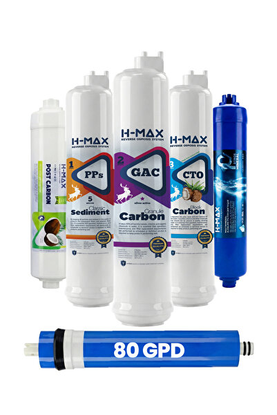 H-MAX 6'lı Full Set Üstten Çift Çubuklu Su Arıtma Filtre Takımı 80 Gpd Membra...