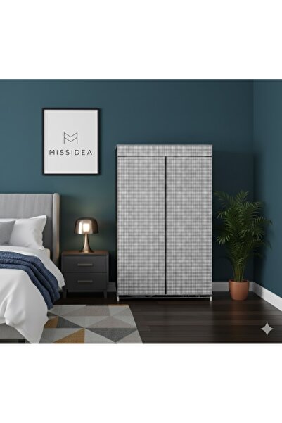 Missidea Ekose Desenli Metal İskeletli Portatif Bez Dolap
