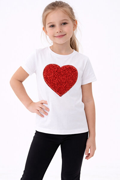 Nacar Kız Çocuk Kalp Detaylı Tişört 23 Nisan 29 Ekim Gösteri Tişört