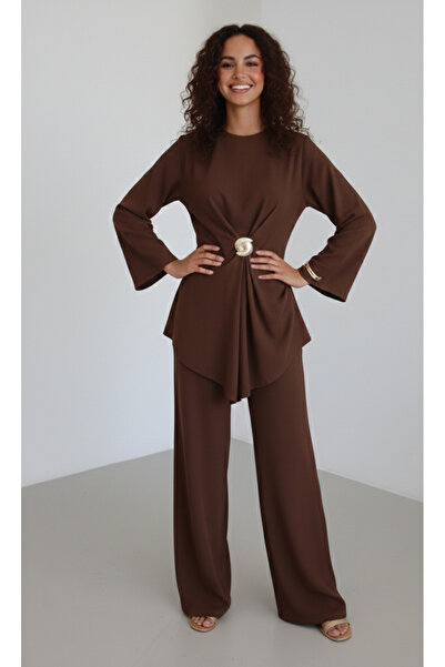 My Blog Brown Gold Brooch Blouse Trousers Set - 8759