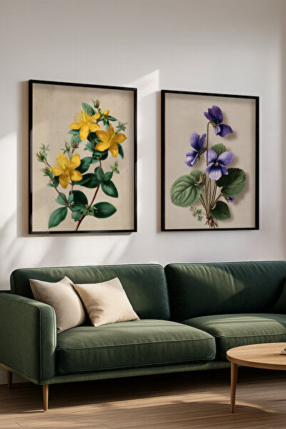 STARYUNA Black Wooden Framed Yellow and Purple Botanical Flower Double Painti...