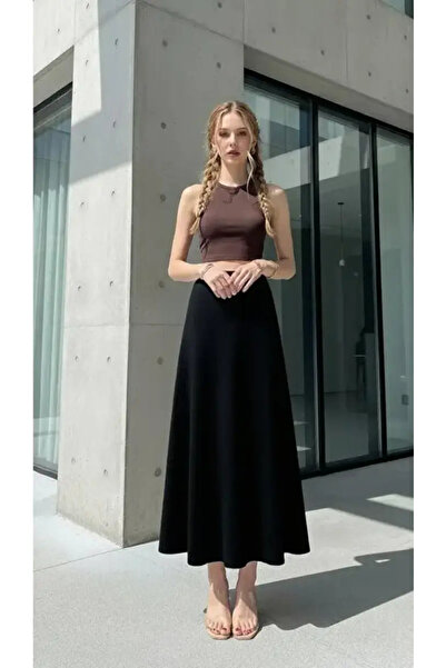 FEVİLLE Women's Black Ruffled Flared Long Skirt