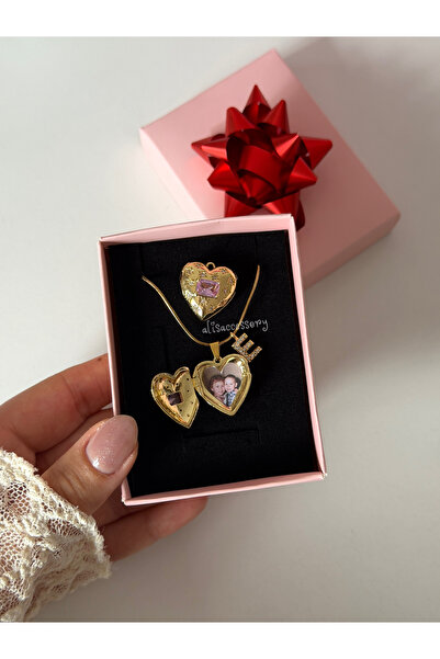 Alis Accessory Pembe taşlı fotoğraflı kapaklı kalp kolye