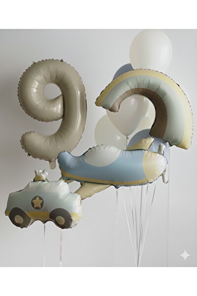 Çemrek Süs Parti Retro Boy's Birthday Concept Retro Car Rainbow Airplane Beig...