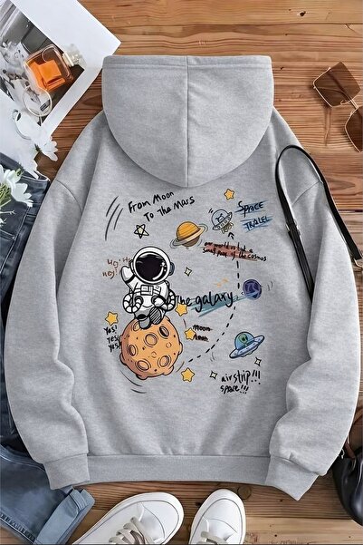 MARKATEM Kapsonlu Kangoru Pocket 3Iplik Cotton Planets Print Sweatshirt