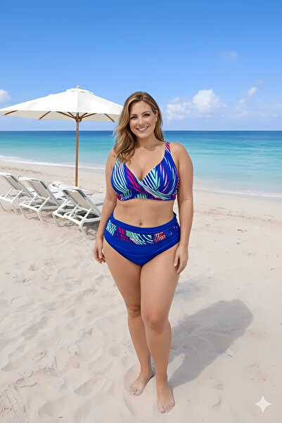 Yasmy Collection Kadın Mavi Çok Renkli Büyük Beden Astarlı Bikini Takım HZL25...
