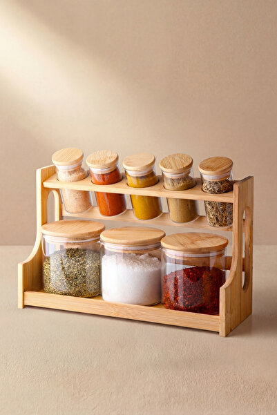 GÖNÜL 9 Parça Borosilikat Cam Baharatlık Seti 500 ml, Bambu Kapaklı Cam Kavan...