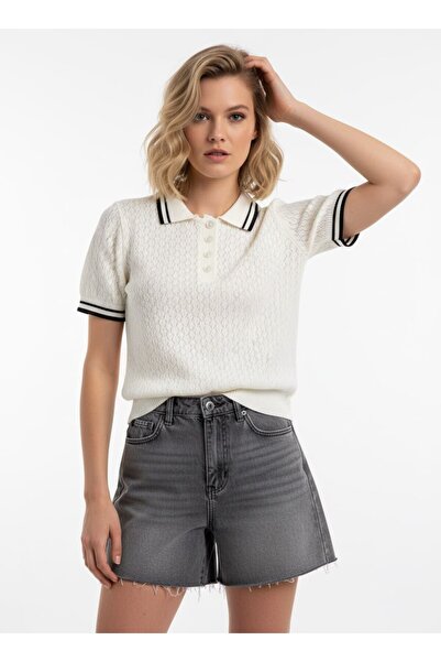 Noi Belis Polo Collar Half Placket Buttoned Perforated Knitwear Blouse Ss26Bz...