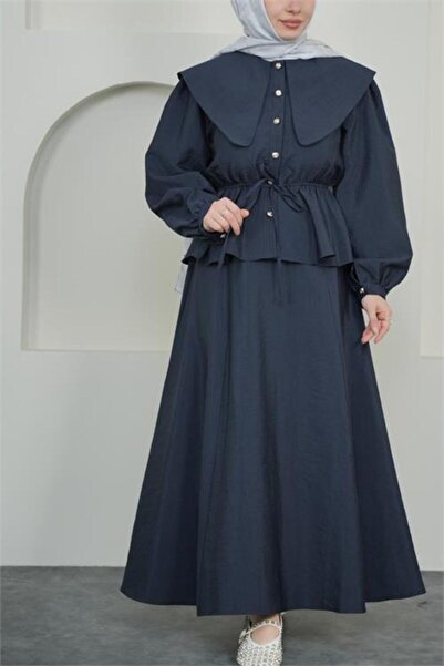 Neşeli Butik Women's Navy Blue Cape Collar Skirted Hijab Suit Nbvq3134