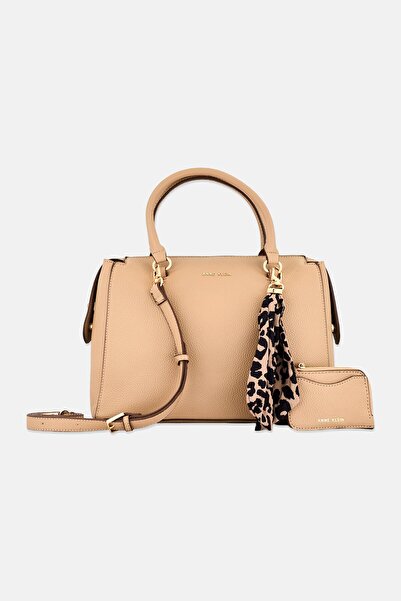 Anne Klein Women 2 Pcs Logo Metal Satchel Bag With Small Purse, Tan